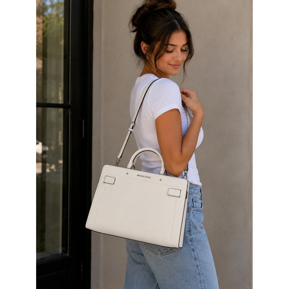 Michael Kors Rayne Medium Satchel Optic White Saffiano Leather Handbag Purse